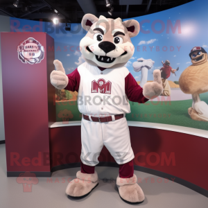 Maroon Bat mascot costume character dressed with a Baseball Tee and Lapel pins