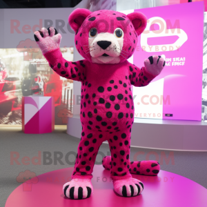 Magenta Leopard mascot costume character dressed with a Sweater and Foot pads