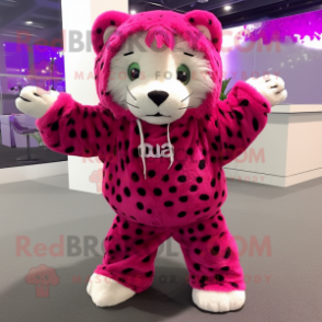 Magenta Leopard mascot costume character dressed with a Sweater and Foot pads