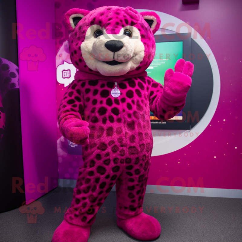 Magenta Leopard mascot costume character dressed with a Sweater and Foot pads