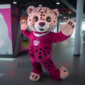 Magenta Leopard mascot costume character dressed with a Sweater and Foot pads