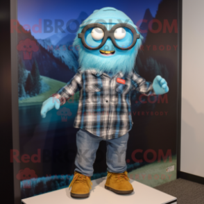 Cyan Undead mascot costume character dressed with a Flannel Shirt and Eyeglasses