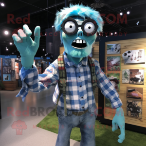 Cyan Undead mascot costume character dressed with a Flannel Shirt and Eyeglasses