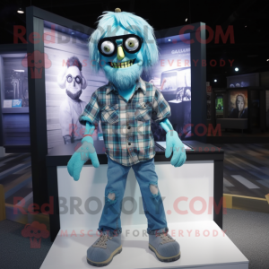 Cyan Undead mascot costume character dressed with a Flannel Shirt and Eyeglasses