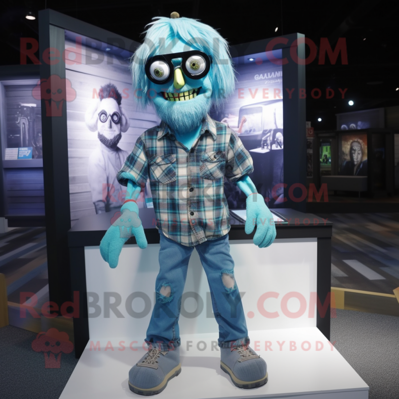 Cyan Undead mascot costume character dressed with a Flannel Shirt and Eyeglasses Cyan Undead mascot costume character dressed with a Flannel Shirt and Eyeglasses