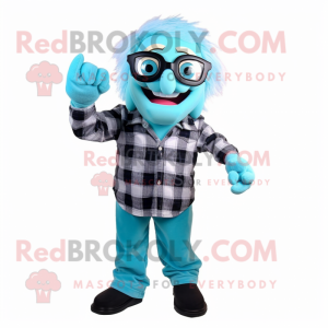 Cyan Undead mascot costume character dressed with a Flannel Shirt and Eyeglasses