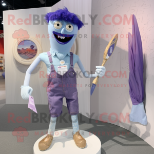 Lavender Knife Thrower mascot costume character dressed with a Denim Shorts and Tie pins