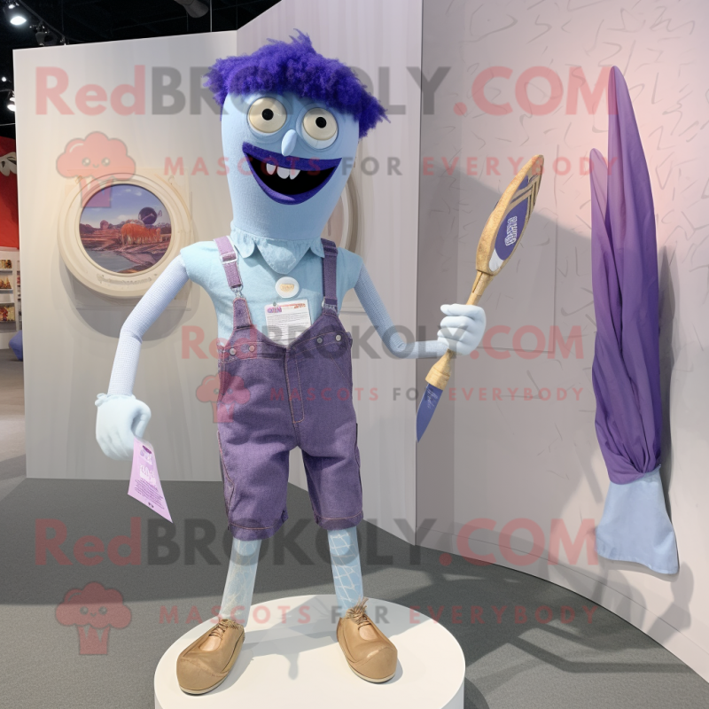 Lavender Knife Thrower mascot costume character dressed with a Denim Shorts and Tie pins