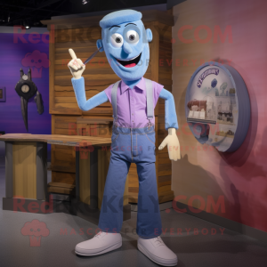 Lavender Knife Thrower mascot costume character dressed with a Denim Shorts and Tie pins