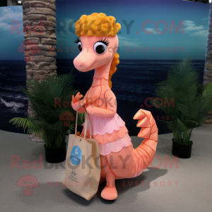 Peach Sea Horse mascot costume character dressed with a Ball Gown and Messenger bags