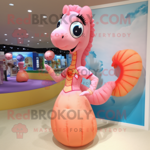 Peach Sea Horse mascot costume character dressed with a Ball Gown and Messenger bags