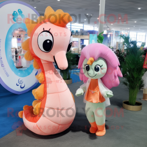 Peach Sea Horse mascot costume character dressed with a Ball Gown and Messenger bags