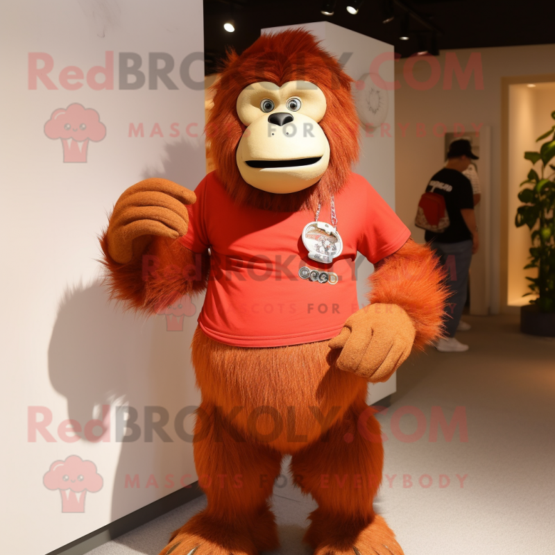 Rust Orangutan mascot costume character dressed with a Polo Tee and Bracelet watches Rust Orangutan mascot costume character dressed with a Polo Tee and Bracelet watches