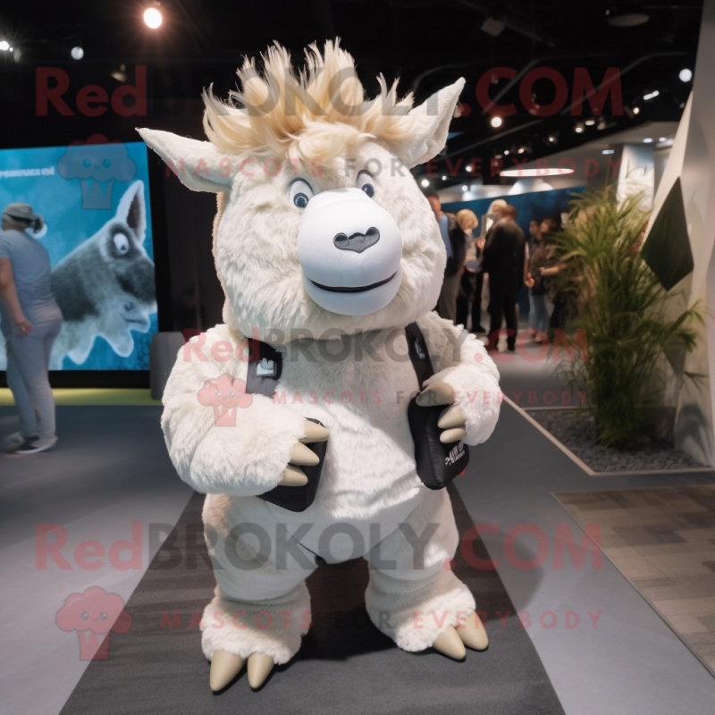 White Woolly Rhinoceros mascot costume character dressed with a Vest and Wallets