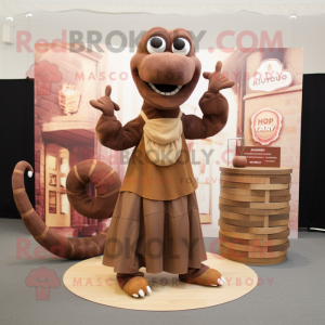 Brown Hydra mascot costume character dressed with a Culottes and Earrings