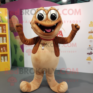 Brown Hydra mascot costume character dressed with a Culottes and Earrings