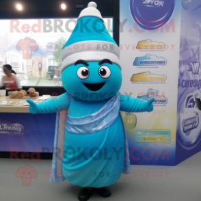 Cyan Biryani mascot costume character dressed with a Wrap Skirt and Caps