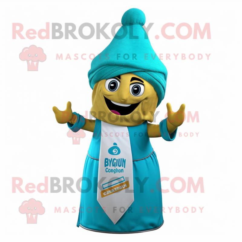 Cyan Biryani mascot costume character dressed with a Wrap Skirt and Caps Cyan Biryani mascot costume character dressed with a Wrap Skirt and Caps