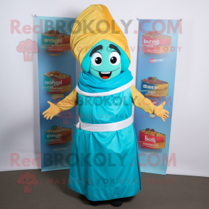 Cyan Biryani mascot costume character dressed with a Wrap Skirt and Caps
