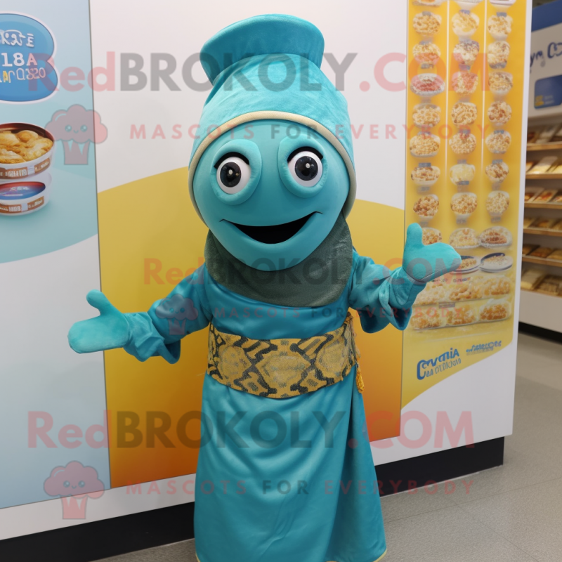 Cyan Biryani mascot costume character dressed with a Wrap Skirt and Caps