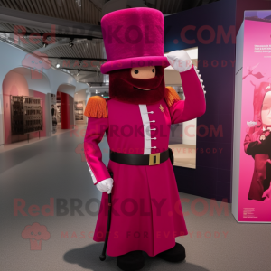 Magenta British Royal Guard mascot costume character dressed with a A-Line Dress and Hats