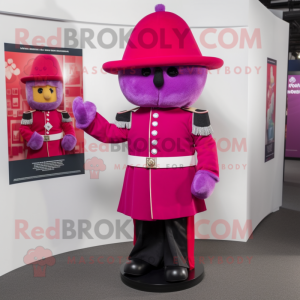 Magenta British Royal Guard mascot costume character dressed with a A-Line Dress and Hats