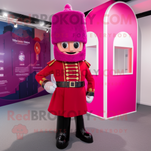 Magenta British Royal Guard mascot costume character dressed with a A-Line Dress and Hats