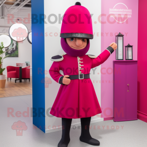 Magenta British Royal Guard mascot costume character dressed with a A-Line Dress and Hats