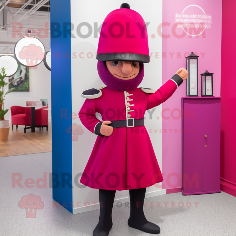 Magenta British Royal Guard mascot costume character dressed with a A-Line Dress and Hats Magenta British Royal Guard mascot costume character dressed with a A-Line Dress and Hats