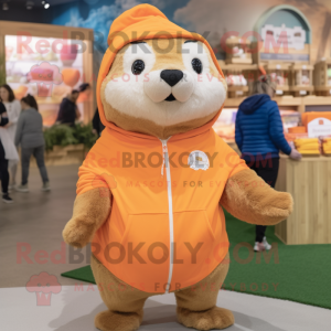 Peach Marmot mascot costume character dressed with a Sweatshirt and Wraps