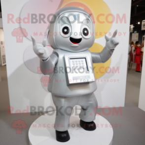 Silver Phone mascot costume character dressed with a Romper and Foot pads