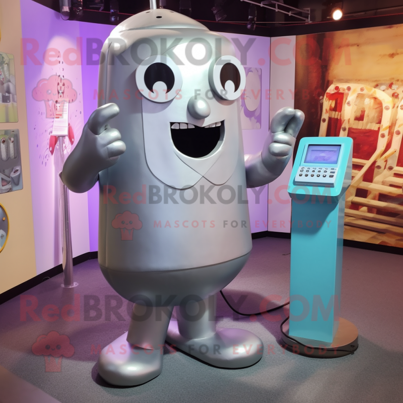 Silver Phone mascot costume character dressed with a Romper and Foot pads Silver Phone mascot costume character dressed with a Romper and Foot pads