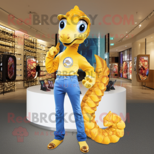 Gold Sea Horse mascot costume character dressed with a Jeans and Watches