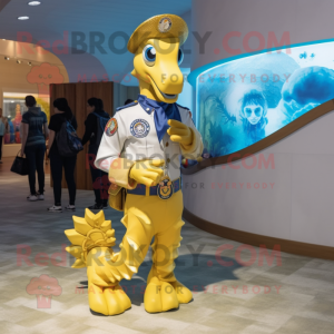 Gold Sea Horse mascot costume character dressed with a Jeans and Watches