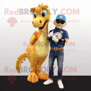 Gold Sea Horse mascot costume character dressed with a Jeans and Watches