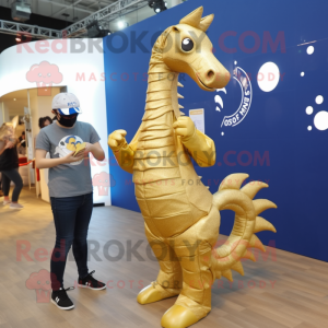 Gold Sea Horse mascot costume character dressed with a Jeans and Watches