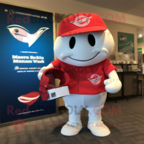 Red Beluga Whale mascot costume character dressed with a Baseball Tee and Wallets