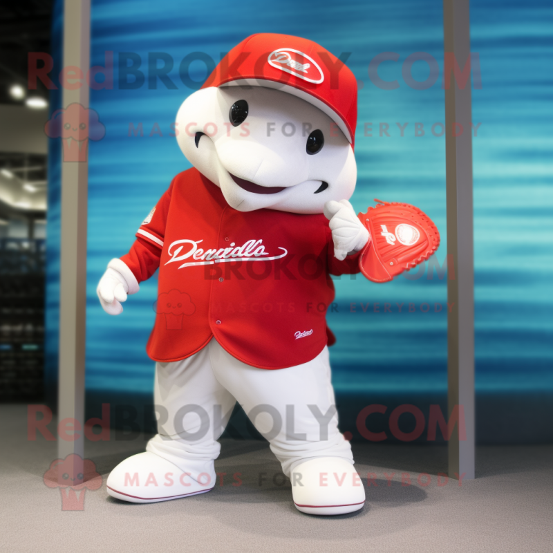 Red Beluga Whale mascot costume character dressed with a Baseball Tee and Wallets