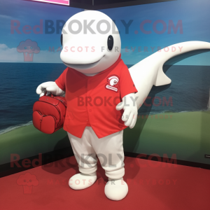 Red Beluga Whale mascot costume character dressed with a Baseball Tee and Wallets