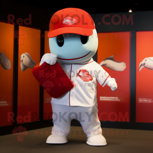 Red Beluga Whale mascot costume character dressed with a Baseball Tee and Wallets