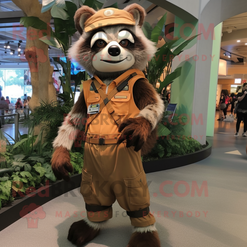 Brown Raccoon mascot costume character dressed with a Cargo Pants and Headbands