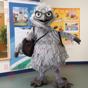 Silver Emu mascot costume character dressed with a Wrap Skirt and Backpacks