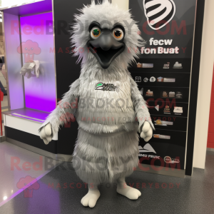 Silver Emu mascot costume character dressed with a Wrap Skirt and Backpacks