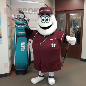 Maroon Golf Bag mascot costume character dressed with a Evening Gown and Ties