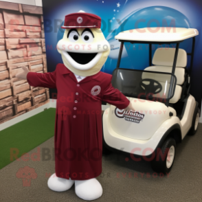 Maroon Golf Bag mascot costume character dressed with a Evening Gown and Ties