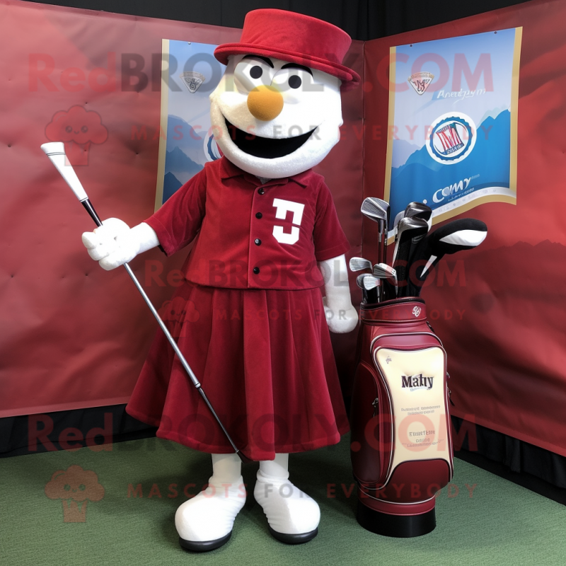 Maroon Golf Bag mascot costume character dressed with a Evening Gown and Ties