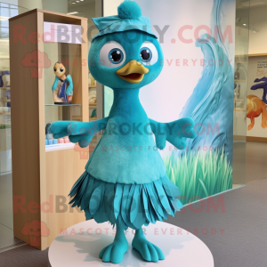 Turquoise Gosling mascot costume character dressed with a Maxi Dress and Hairpins
