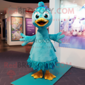 Turquoise Gosling mascot costume character dressed with a Maxi Dress and Hairpins