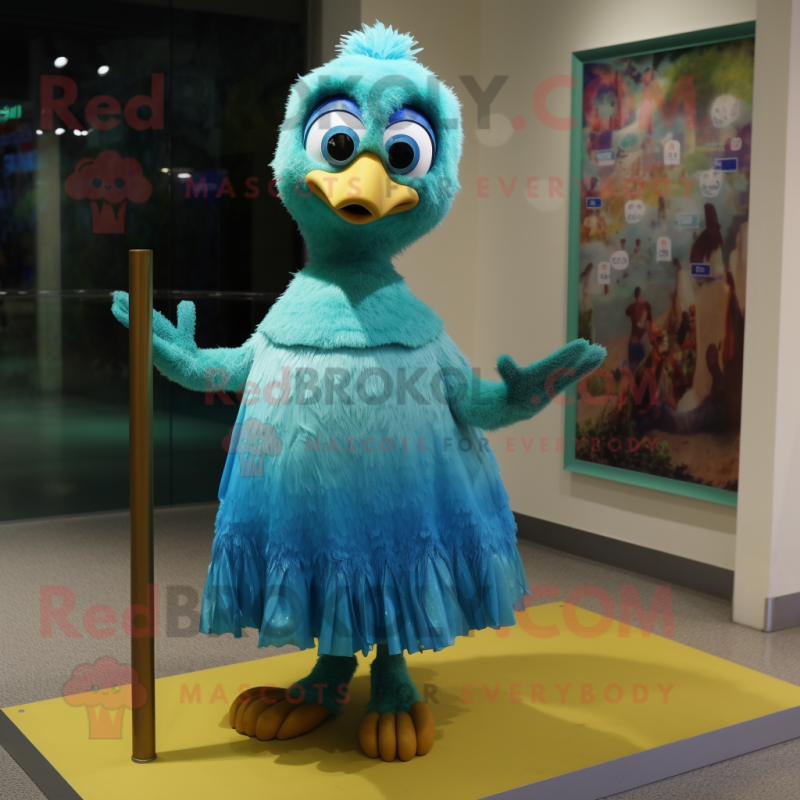 Turquoise Gosling mascot costume character dressed with a Maxi Dress and Hairpins Turquoise Gosling mascot costume character dressed with a Maxi Dress and Hairpins