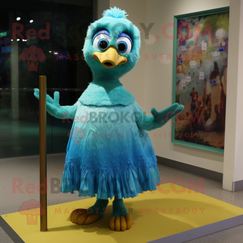 Turquoise Gosling mascot costume character dressed with a Maxi Dress and Hairpins